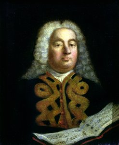 Portret van George Frederick Handel (1685-1759) met een exemplaar van de Messiah, ca. 1749
